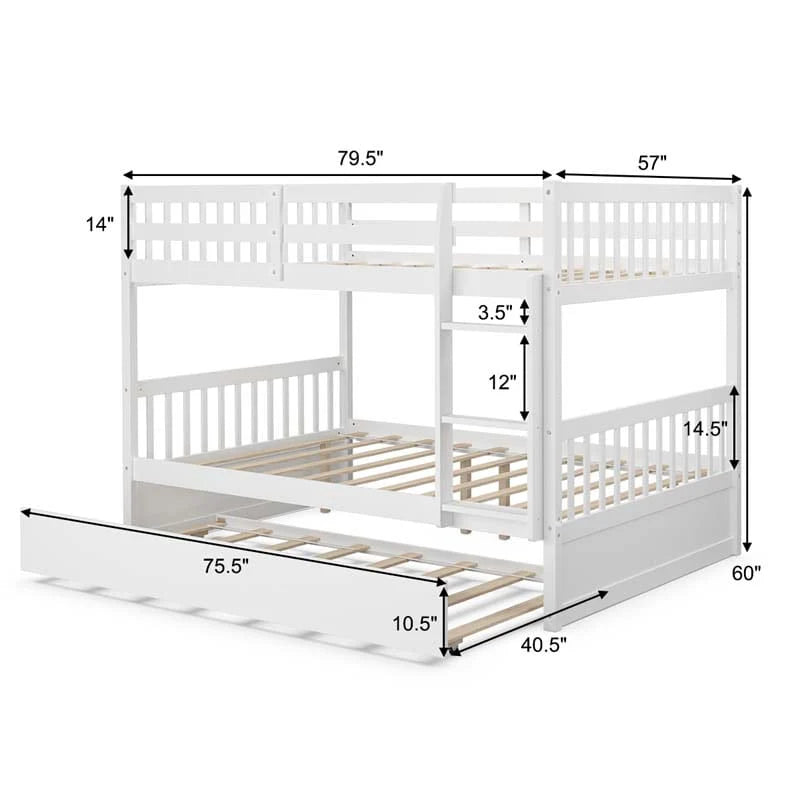 Solid Wood Full-over-Full Bunk Bed Frame with Trundle, Ladder & Guardrails, Convertible for Kids & Teens