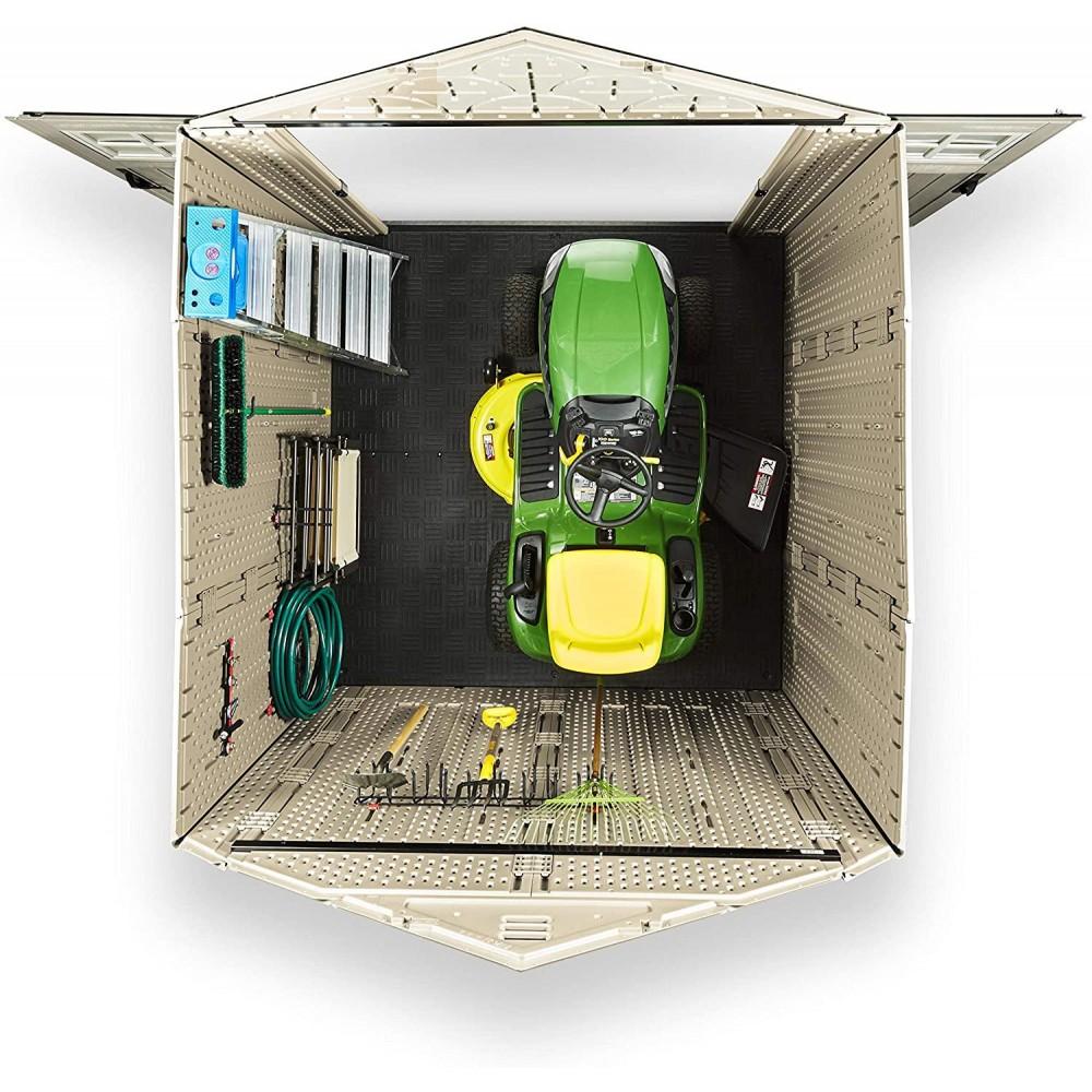 Rubbermaid 7 x 7 ft Weather-Resistant Resin Garden Storage Shed with Windows & Utility Hooks, Sand