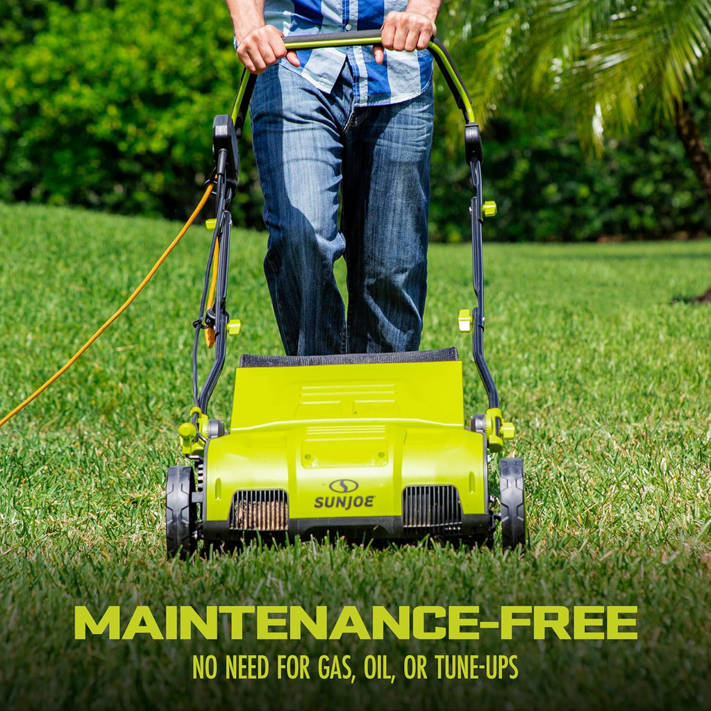 AJ805E 15-Inch Electric Dethatcher and Scarifier - 13-Amp Corded Lawn Rake with 13.2-Gal Collection Bag, 5-Position Depth