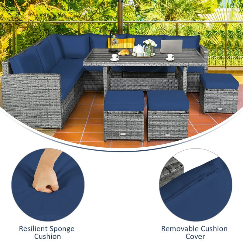 7-Piece Rattan Patio Dining Set – Sectional Sofa with Table, Ottomans & Cushions, Mix Grey