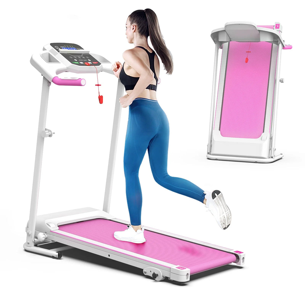 Pink FYC foldable electric treadmill with LED display and handrails