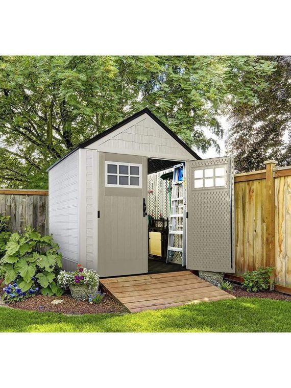 Rubbermaid 7 x 7 ft Weather-Resistant Resin Garden Storage Shed with Windows & Utility Hooks, Sand