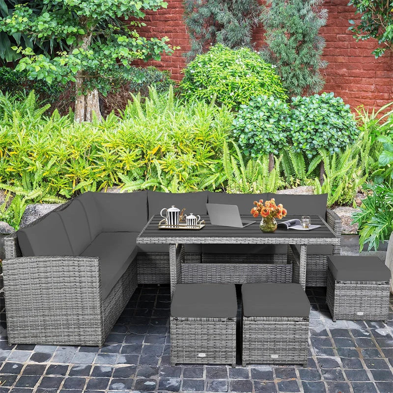 7-Piece Rattan Patio Dining Set – Sectional Sofa with Table, Ottomans & Cushions, Mix Grey