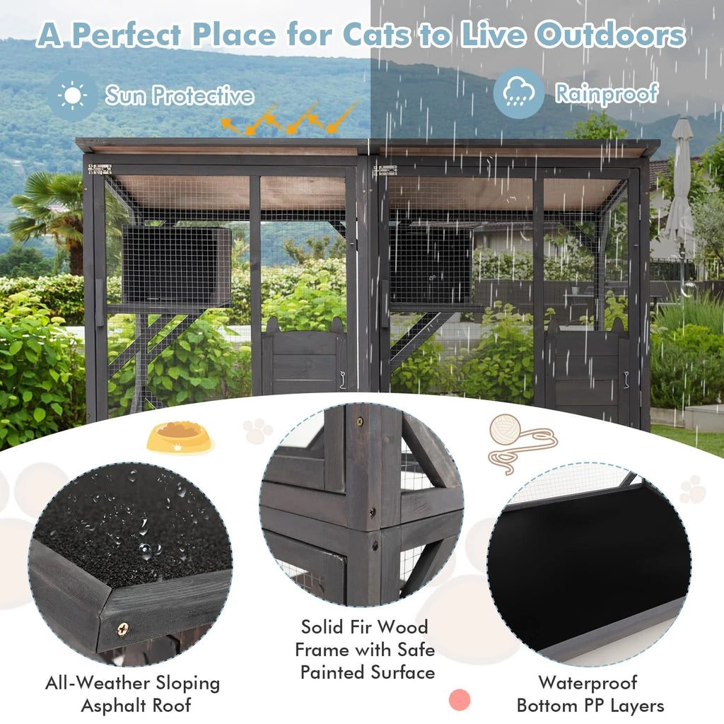 Large Wooden Outdoor Catio Cat Enclosure – 72" Tall Fir Wood Cat House with Asphalt Roof, Wheels & Lockable Doors