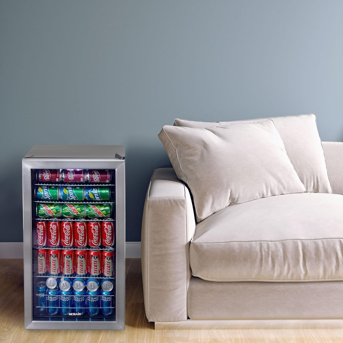 NewAir 126 Can Beverage Refrigerator – Freestanding Mini Fridge, Glass Door, LED, 7 Settings
