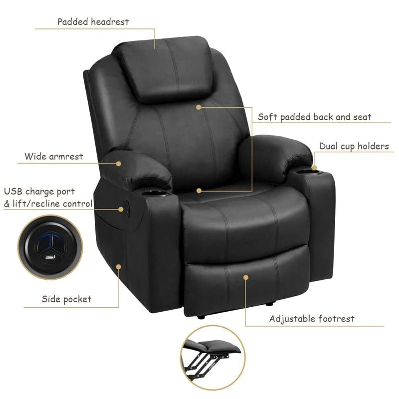 Electric Power Lift Recliner Chair with Heat & 8-Point Massage – USB, Cup Holders, for Elderly