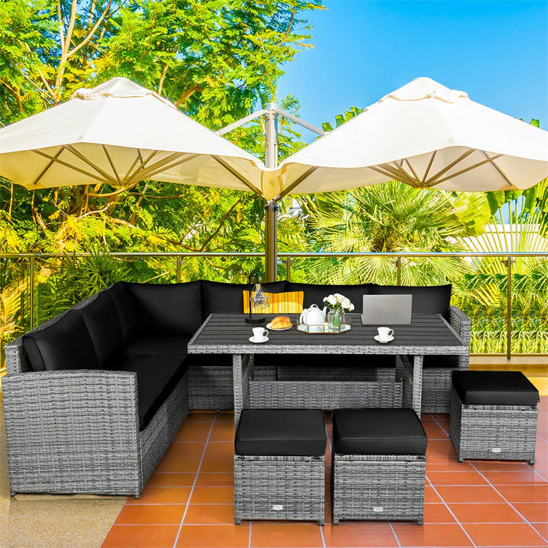 7-Piece Rattan Patio Dining Set – Sectional Sofa with Table, Ottomans & Cushions, Mix Grey