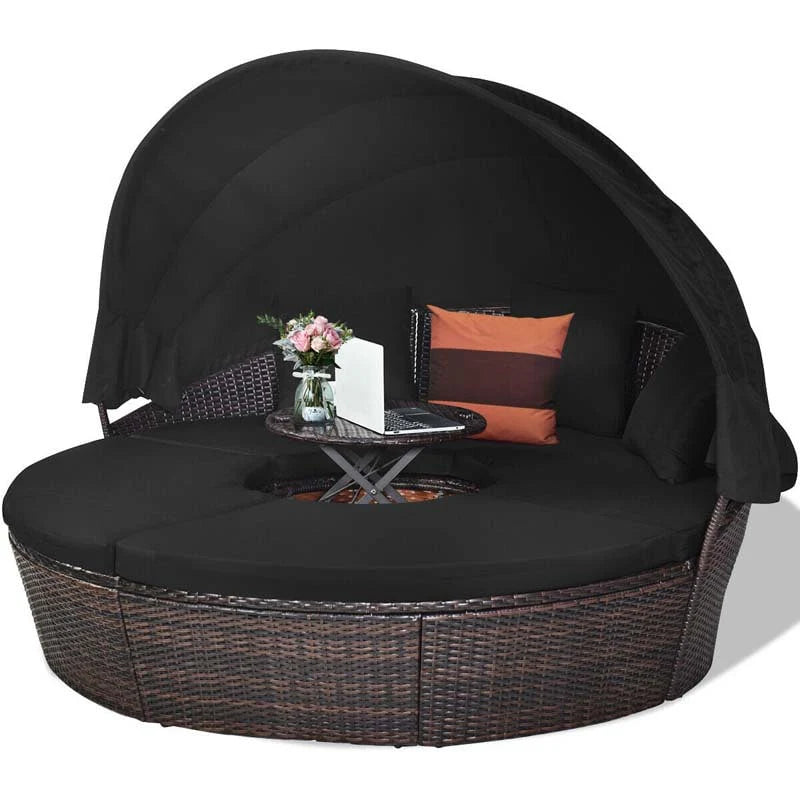 Rattan Wicker Round Patio Daybed with Retractable Canopy & Adjustable Coffee Table – Outdoor Sofa Set
