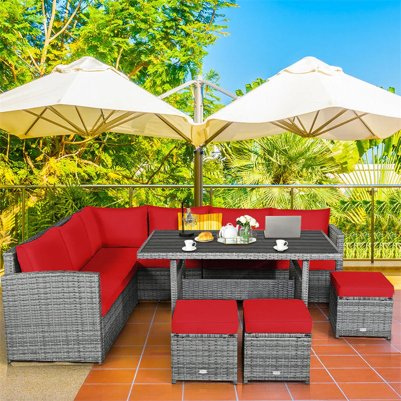 7-Piece Rattan Patio Dining Set – Sectional Sofa with Table, Ottomans & Cushions, Mix Grey