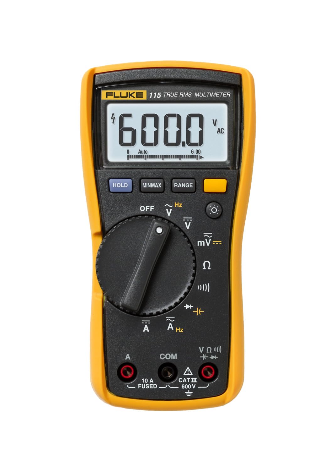 Yellow and black Fluke 115 true-RMS digital multimeter with test leads