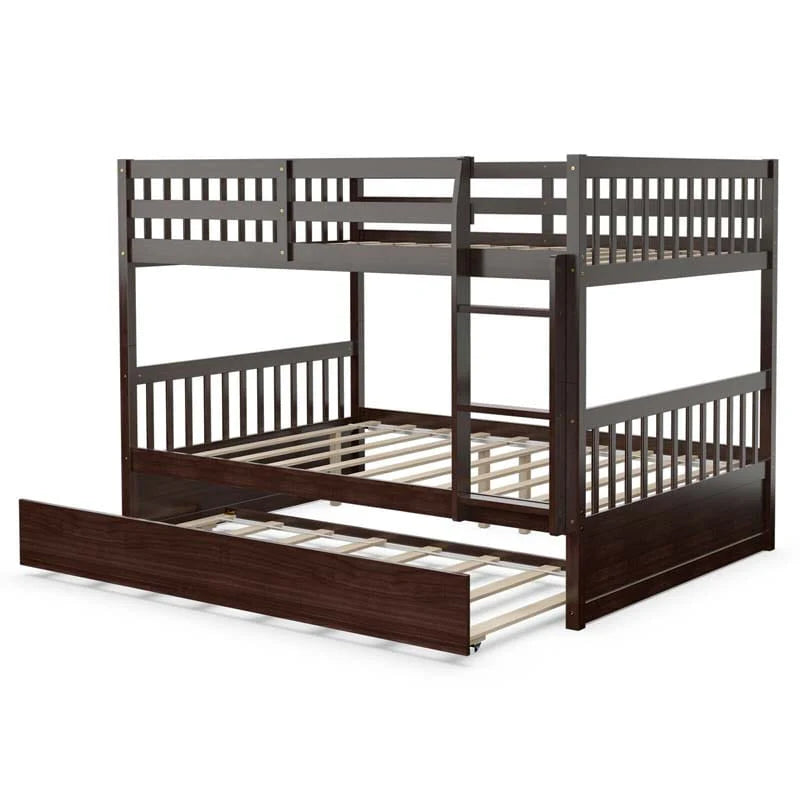 Solid Wood Full-over-Full Bunk Bed Frame with Trundle, Ladder & Guardrails, Convertible for Kids & Teens