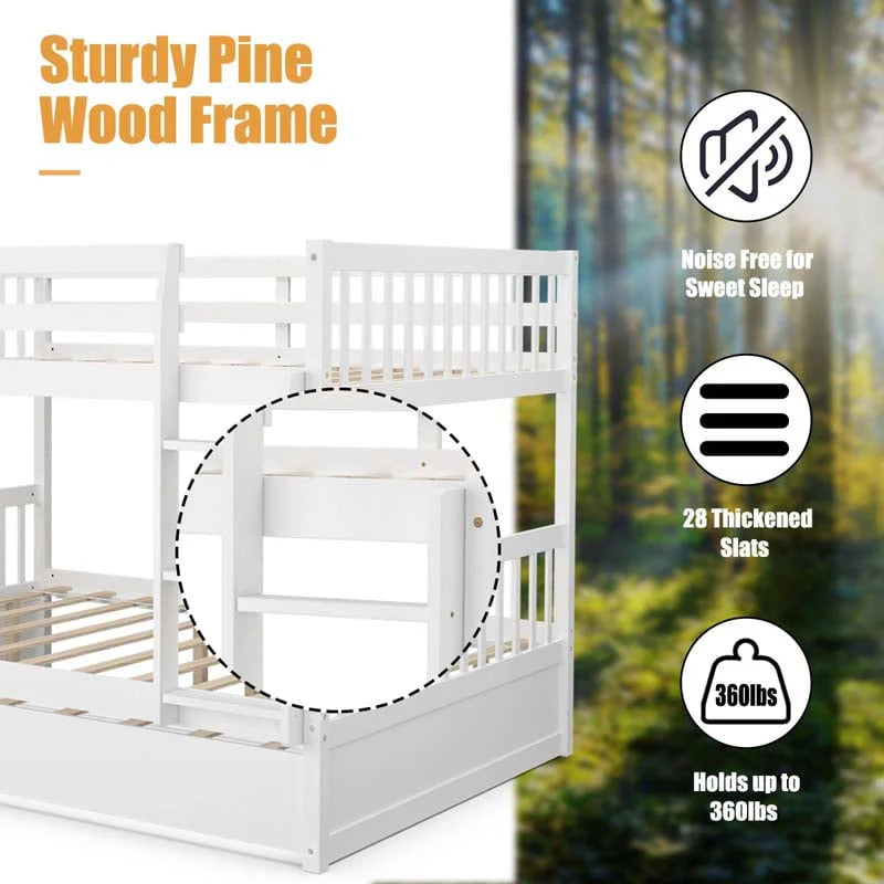 Solid Wood Full-over-Full Bunk Bed Frame with Trundle, Ladder & Guardrails, Convertible for Kids & Teens