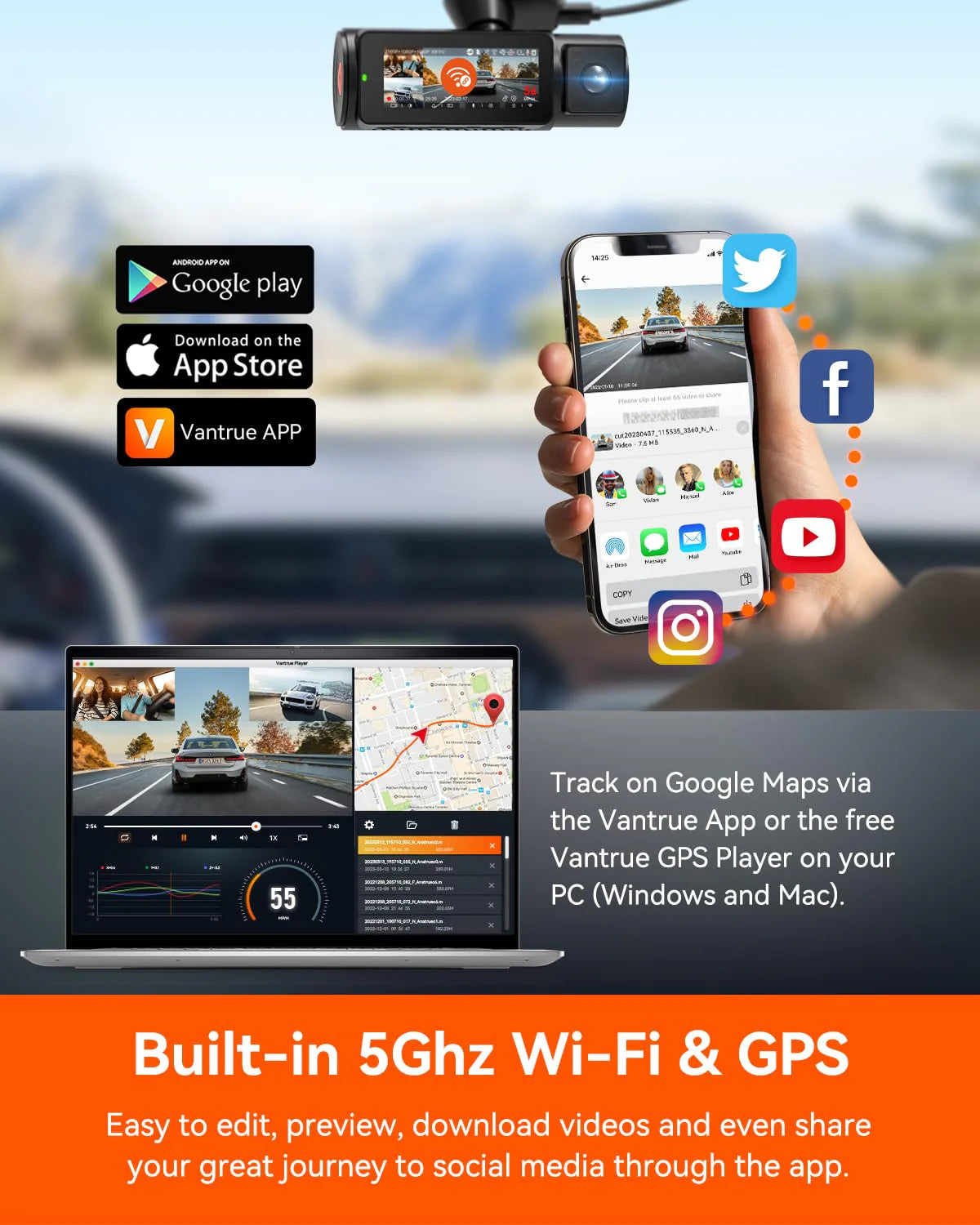 Vantrue N4 Pro 3-Channel 4K WiFi Dash Cam - STARVIS 2 Front/Cabin/Rear Camera, GPS, Night Vision, Voice Control