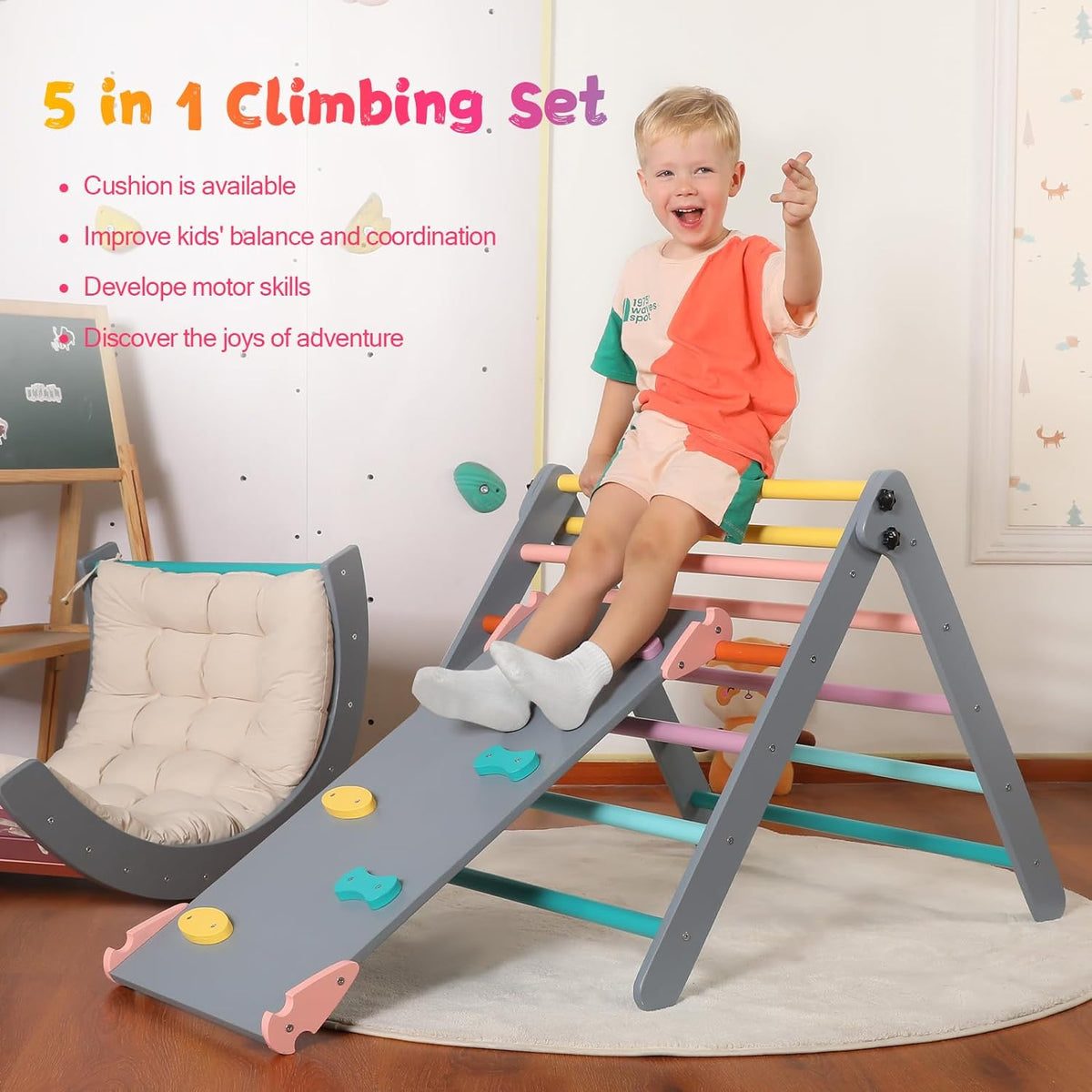 5-in-1 Montessori Foldable Climbing Triangle Set with Arch, Ramp & Cushion, Wooden Pikler Play Gym for Toddlers