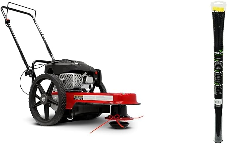 Red and black Earthquake walk-behind string mower with 14-inch wheels