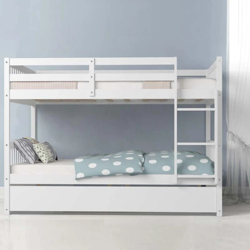 Solid Wood Full-over-Full Bunk Bed Frame with Trundle, Ladder & Guardrails, Convertible for Kids & Teens