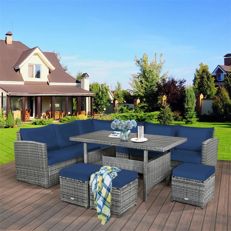 7-Piece PE Rattan Patio Sectional Sofa Set with Dining Table, Ottomans & Cushions, Mix Grey