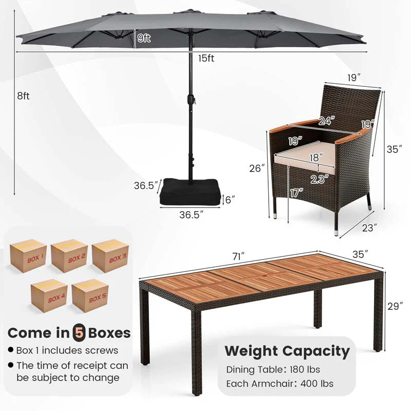 10-Piece Patio Rattan Dining Set with 15 ft Double-Sided Umbrella – Acacia Wood Table & Stackable Cushioned Wicker Chairs