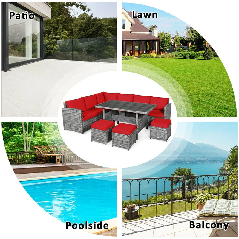 7-Piece PE Rattan Patio Sectional Sofa Set with Dining Table, Ottomans & Cushions, Mix Grey