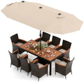 10-piece brown PE rattan patio dining set with 15 ft double-sided beige umbrella