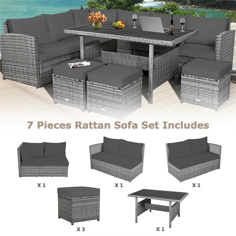 7-Piece PE Rattan Patio Sectional Sofa Set with Dining Table, Ottomans & Cushions, Mix Grey