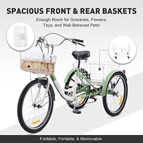 Viribus 24-Inch Adult Tricycle - 7-Speed Shimano Three-Wheel Bike with Front and Rear Baskets, 450 lb Capacity