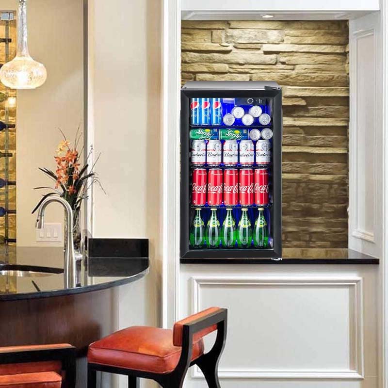 120-Can Beverage Cooler Fridge with Glass Door & Blue LED Light, 3.2 cu ft, Built-in or Freestanding