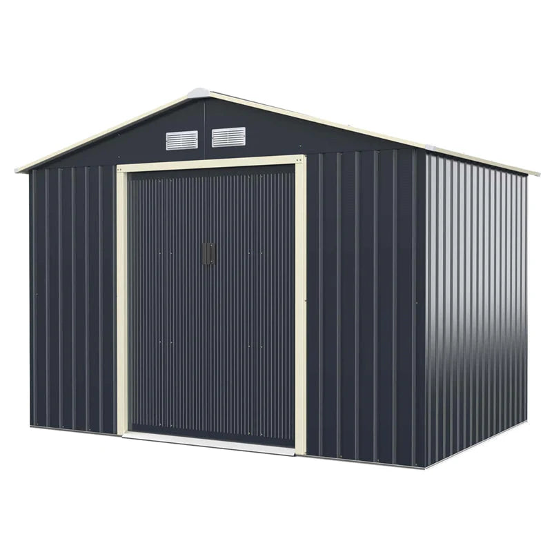 9 x 6 ft Outdoor Metal Storage Shed – Sliding Lockable Double Doors, 4 Vents, Grey Steel