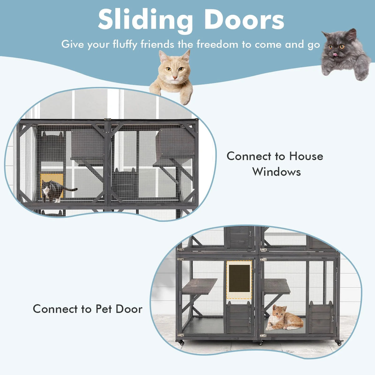 Large Wooden Outdoor Catio Cat Enclosure – 72" Tall Fir Wood Cat House with Asphalt Roof, Wheels & Lockable Doors