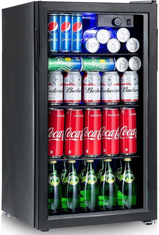 120-Can Beverage Cooler Fridge with Glass Door & Blue LED Light, 3.2 cu ft, Built-in or Freestanding
