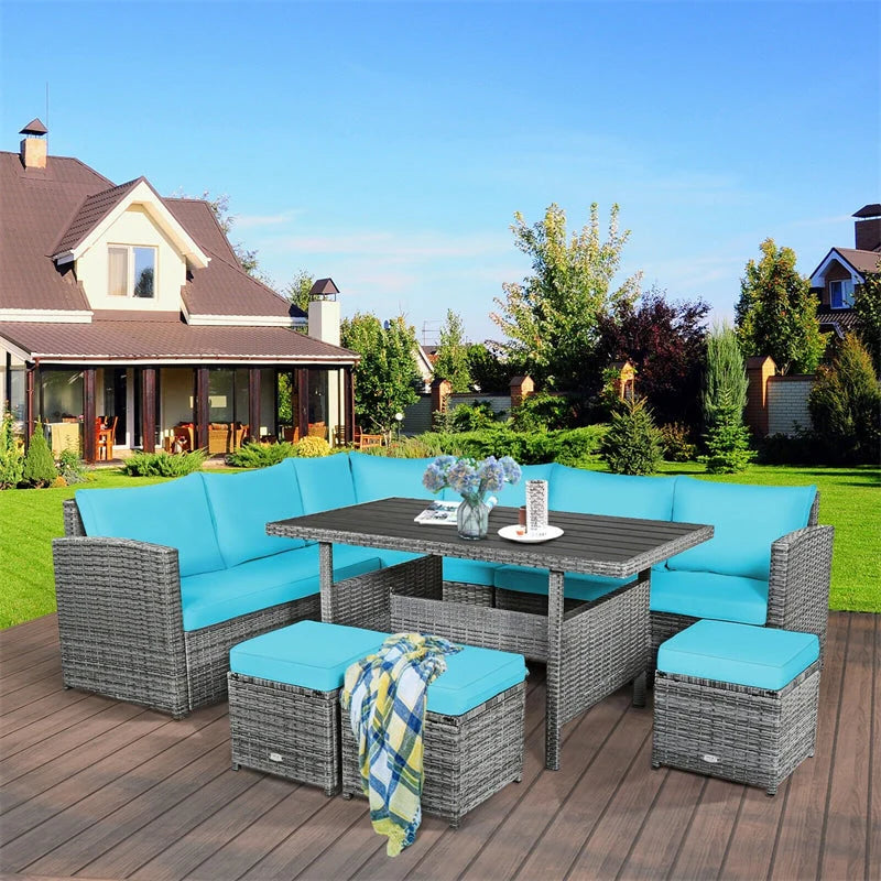 7-Piece Rattan Patio Dining Set – Sectional Sofa with Table, Ottomans & Cushions, Mix Grey