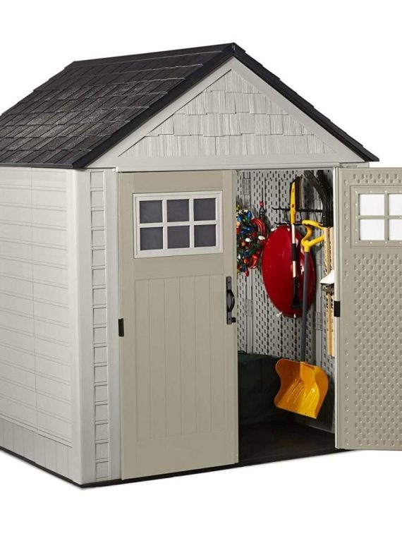 Rubbermaid 7 x 7 ft Weather-Resistant Resin Garden Storage Shed with Windows & Utility Hooks, Sand
