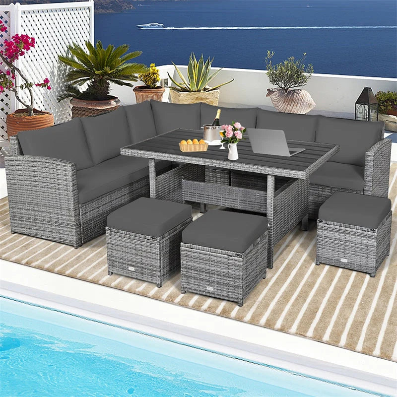 7-Piece Rattan Patio Dining Set – Sectional Sofa with Table, Ottomans & Cushions, Mix Grey