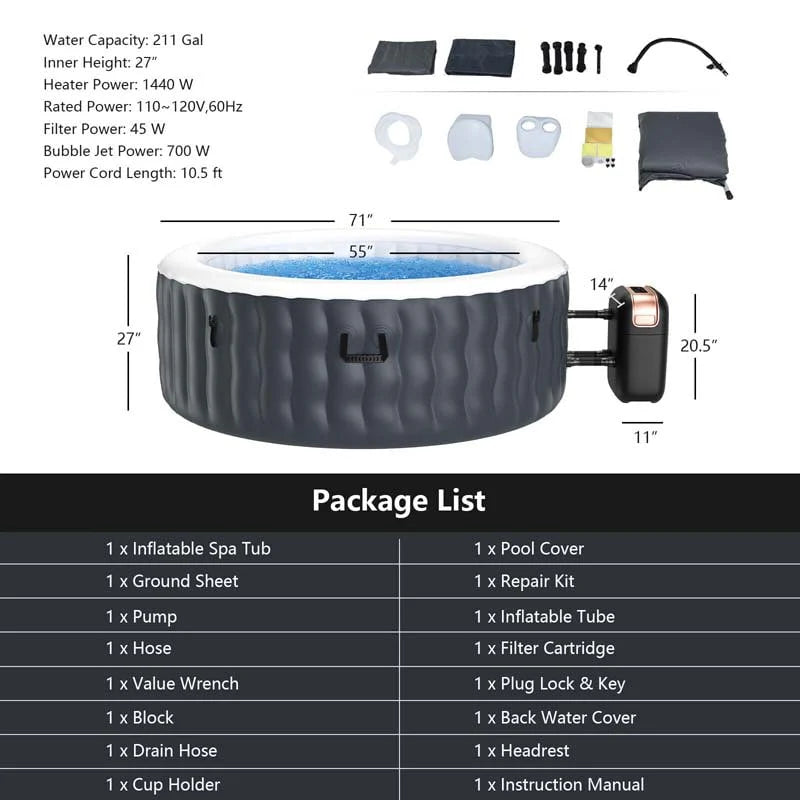 4-Person Inflatable Hot Tub Spa - 108 Bubble Jets, 2240W Heated Blow-Up Pool with Cover, Pump & Filter