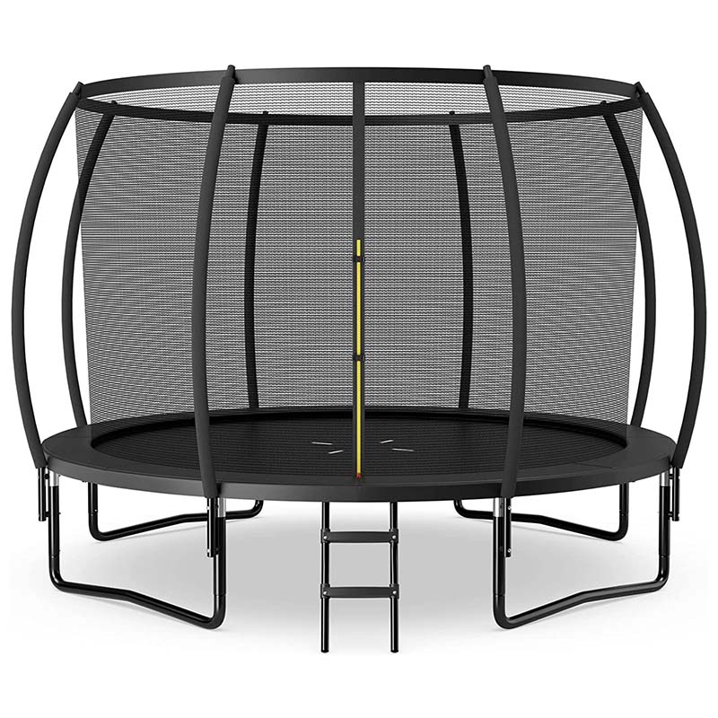 Large outdoor trampoline with black safety enclosure net and ladder