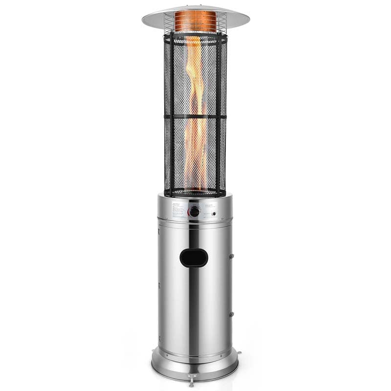 Stainless steel 41000 BTU standing propane patio heater with glass flame tube