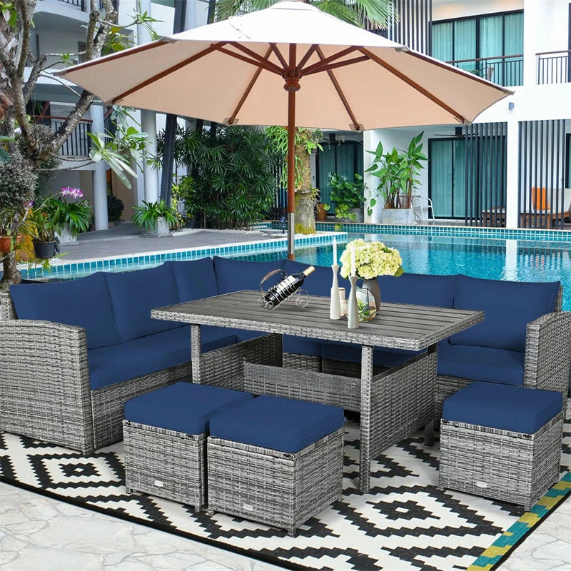 7-Piece Rattan Patio Dining Set – Sectional Sofa with Table, Ottomans & Cushions, Mix Grey