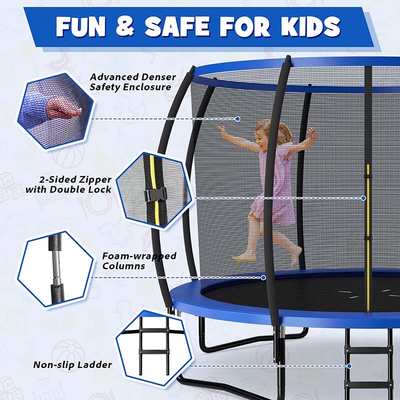 Outdoor Trampoline with Enclosure Net, Ladder & Safety Pad – 8/10/12 ft, ASTM Approved