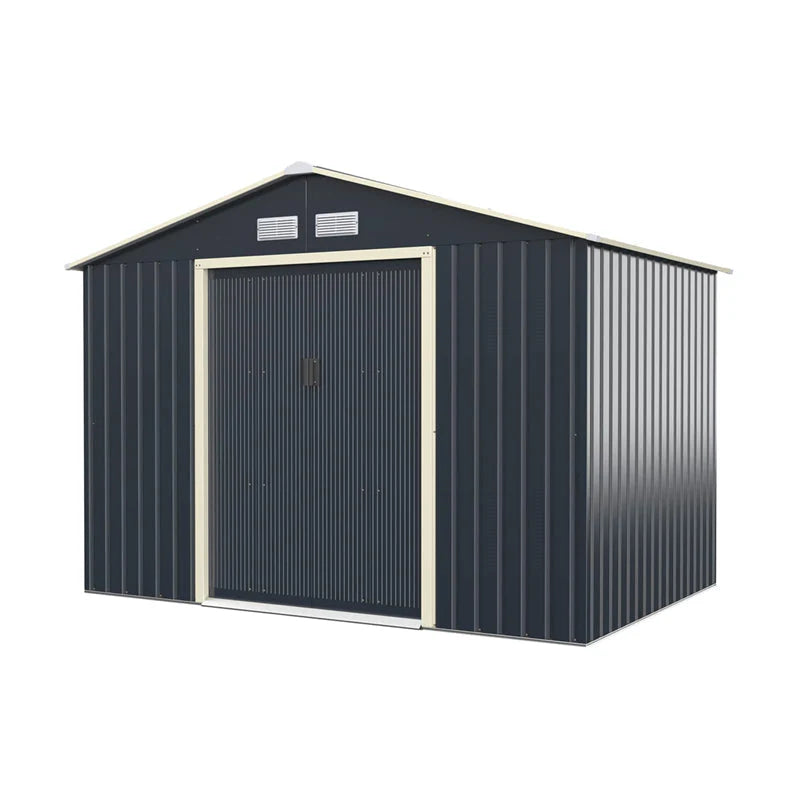 9 x 6 ft Outdoor Metal Storage Shed – Sliding Lockable Double Doors, 4 Vents, Grey Steel