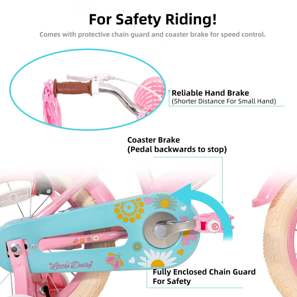 JOYSTAR Little Daisy 14 Inch Girls' Bike – Pink Kids' Bike with Training Wheels, Basket, Doll Seat & Bell