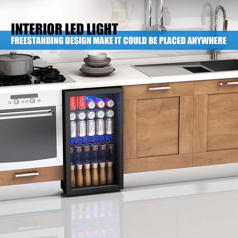 120-Can Beverage Cooler Fridge with Glass Door & Blue LED Light, 3.2 cu ft, Built-in or Freestanding