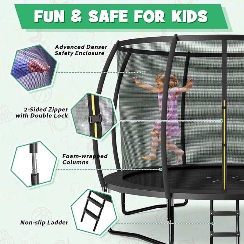 Outdoor Trampoline with Enclosure Net, Ladder & Safety Pad – 8/10/12 ft, ASTM Approved