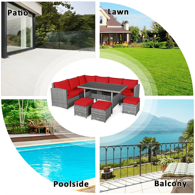 7-Piece Rattan Patio Dining Set – Sectional Sofa with Table, Ottomans & Cushions, Mix Grey