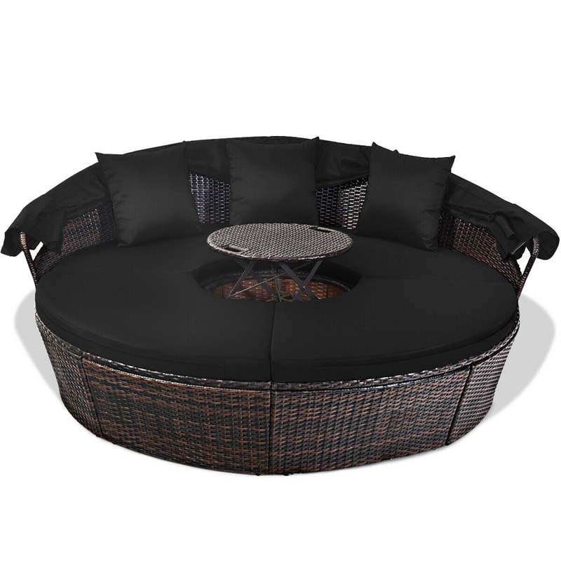 Rattan Wicker Round Patio Daybed with Retractable Canopy & Adjustable Coffee Table – Outdoor Sofa Set