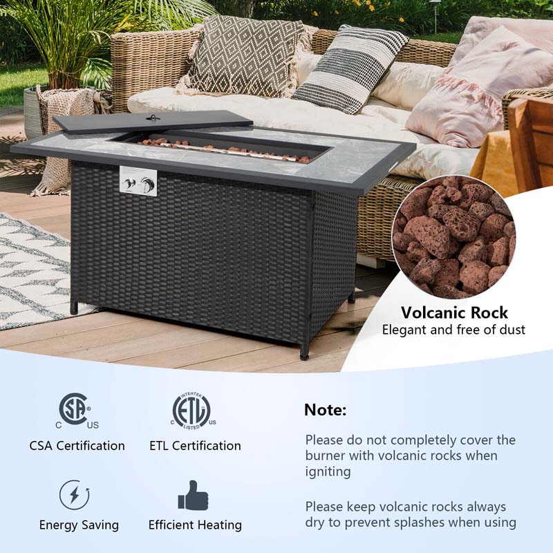 52" Rattan Propane Gas Fire Pit Table – 50,000 BTU, Marble Top, Lava Rocks & Cover