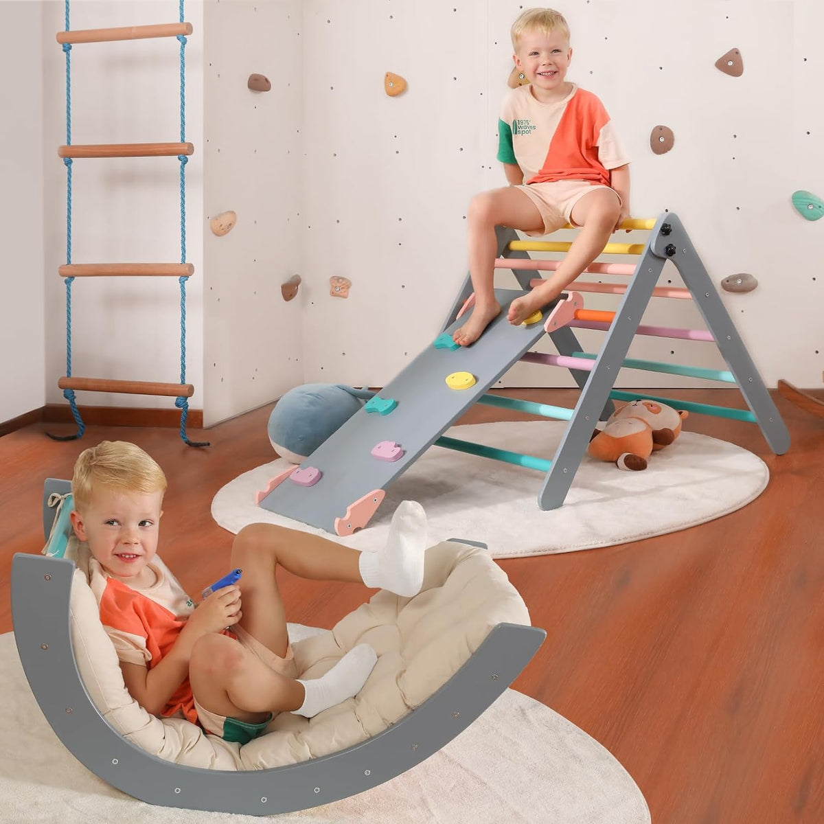 5-in-1 Montessori Foldable Climbing Triangle Set with Arch, Ramp & Cushion, Wooden Pikler Play Gym for Toddlers