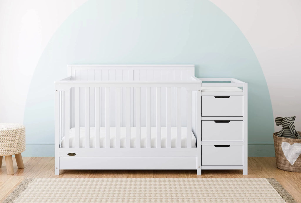 Graco Hadley 5-in-1 Convertible Crib and Changer with Drawer, White – Pine Nursery Cot