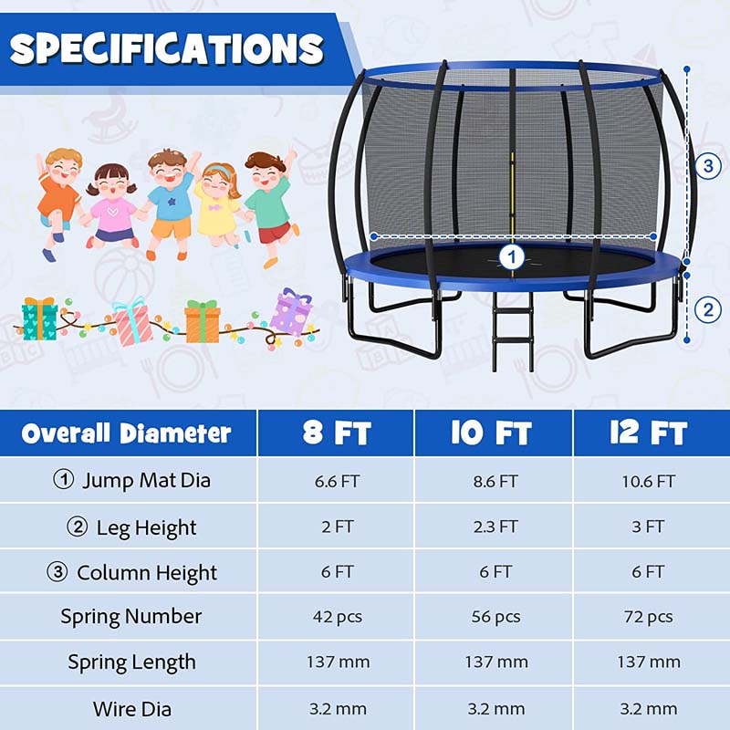 Outdoor Trampoline with Enclosure Net, Ladder & Safety Pad – 8/10/12 ft, ASTM Approved