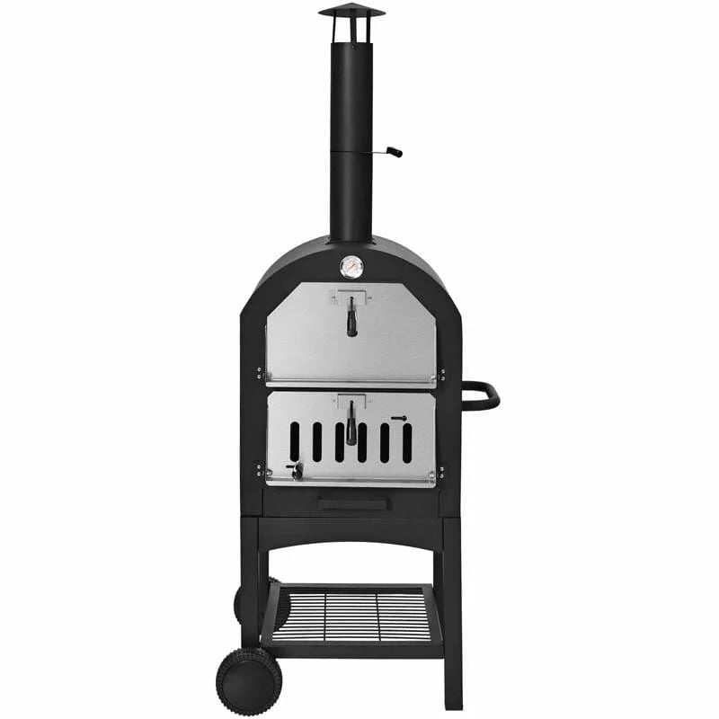 2-Tier Outdoor Wood-Fired Pizza Oven on Wheels – Iron Grill with Pizza Stone, Peel, Thermometer & Waterproof Cover