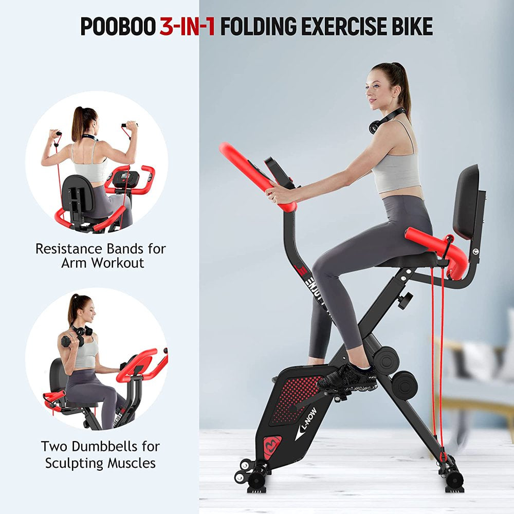 Pooboo 3-in-1 Foldable Magnetic Exercise Bike – Upright & Recumbent X-Bike, 8-Level Resistance, Pulse Sensor